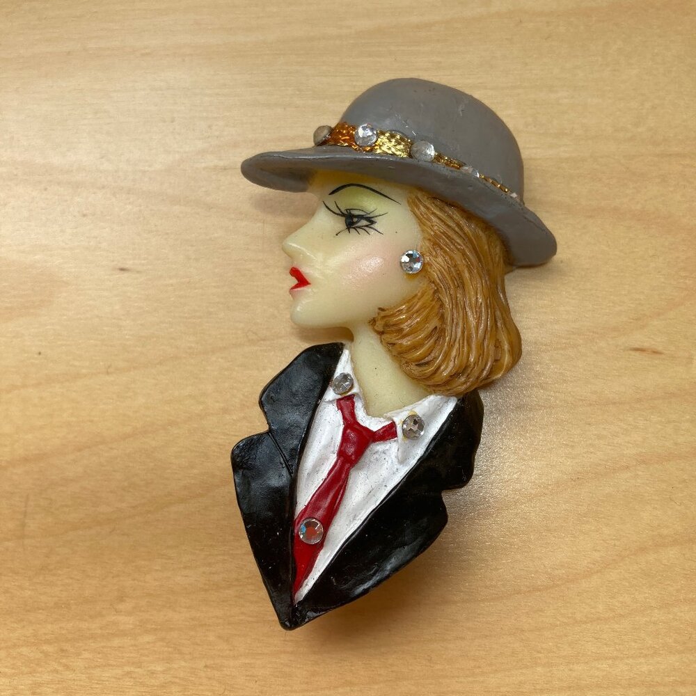 Vintage Pin Brooch Woman Profile with Beige Hat Red Tie Rhinestones